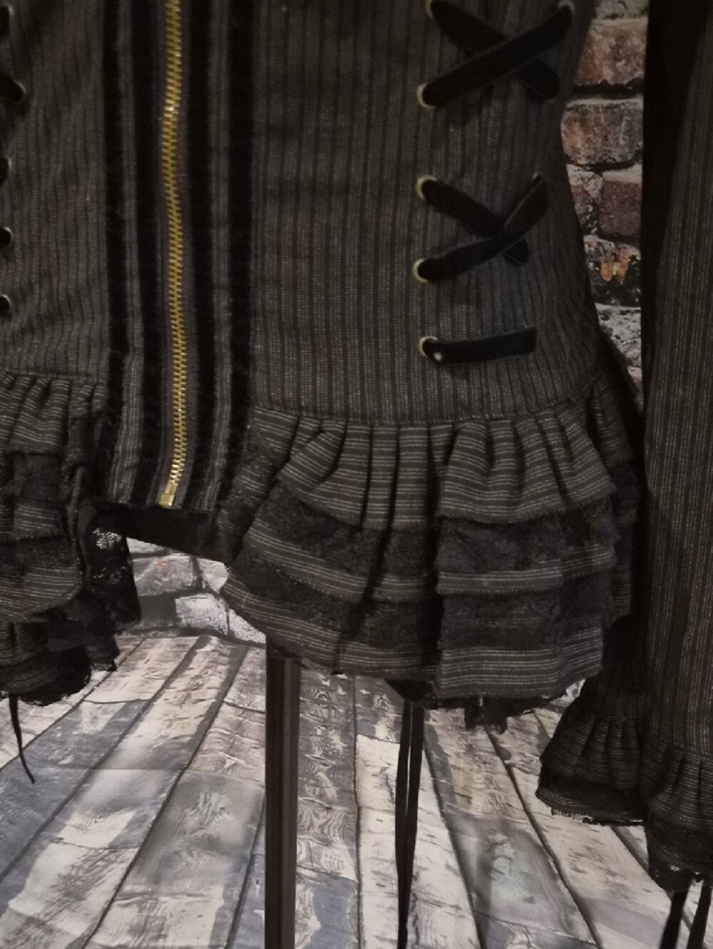 Black Steampunk Pinstripe Ruffled Zip Front Jacket - Picture 7 of 10